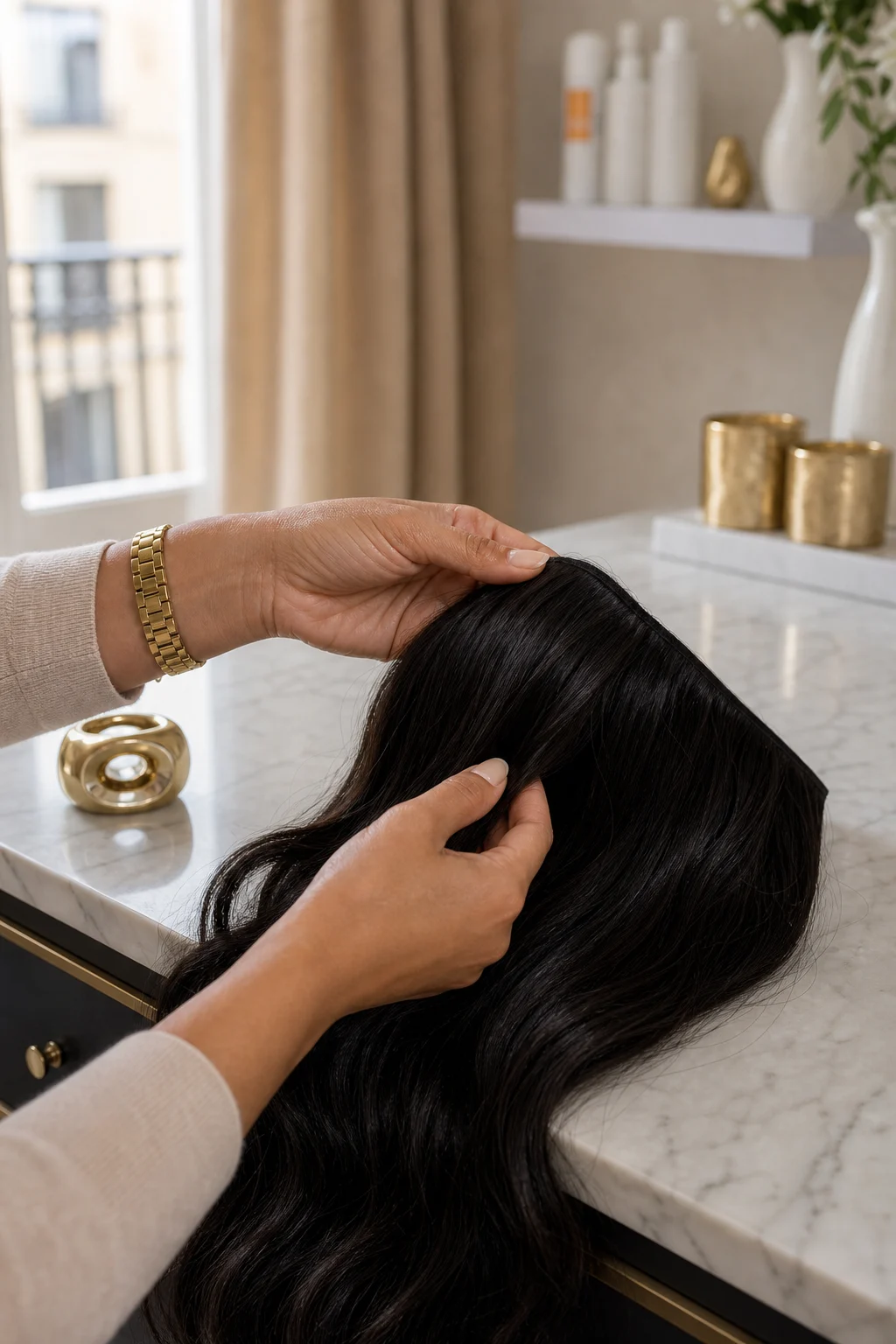 Diane revisando una pieza de cabello en su espacio de trabajo.
